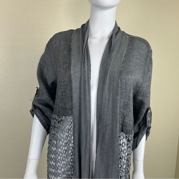 Italy Linen Women Size OS Gray Roll Sleeves Embroidered Cardigan NEW Long Line - Picture 3 of 15